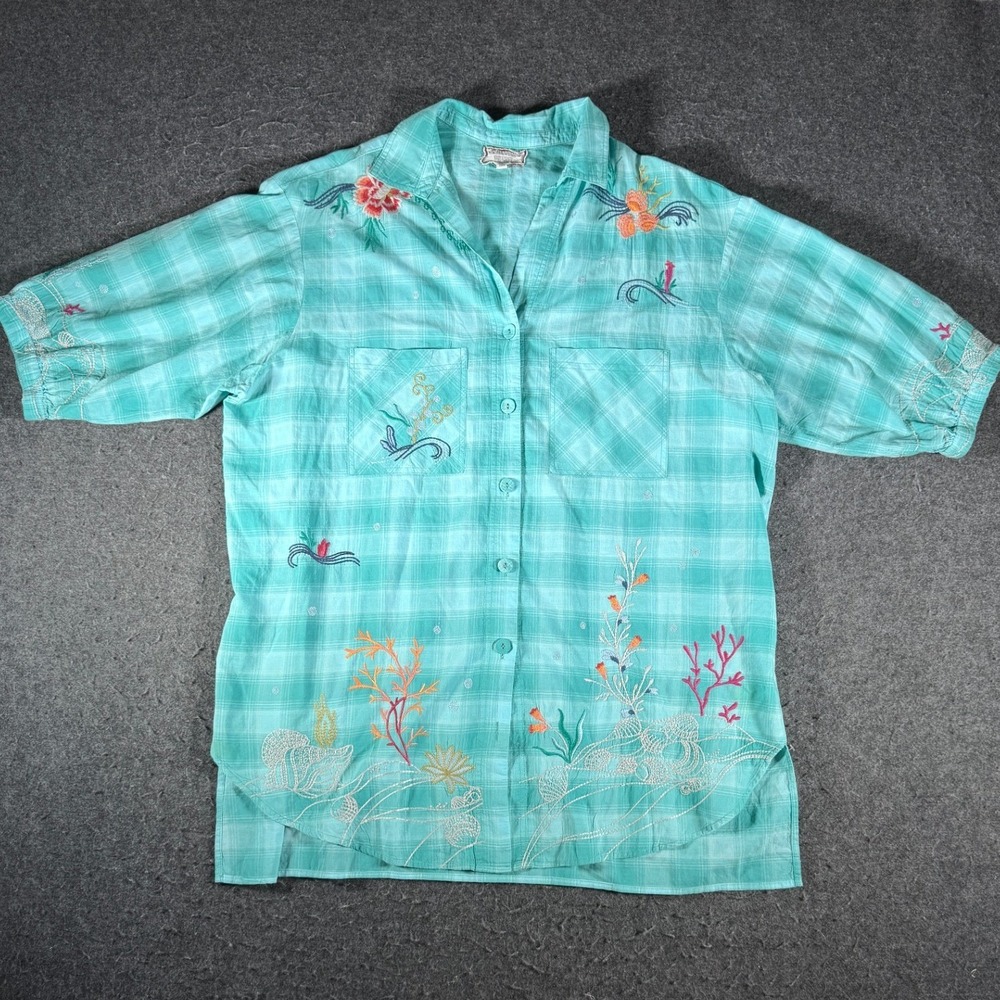 Johnny Was Teal Plaid Embroidered Coralie Gauze Weekend Tunic XL